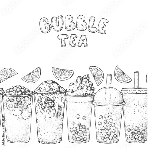 Bubble tea frame. Hand drawn vector illustration. Bubble tea sketch collection. Design template.