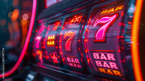 Slot Machine Reels with Winning Combination and Neon Lights