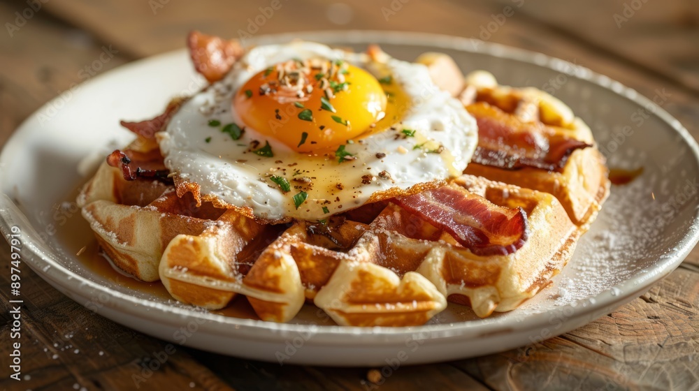 A plate of waffles is topped with crispy bacon and a perfectly fried egg A plate of waffles is topped with crispy bacon and a perfectly fried egg