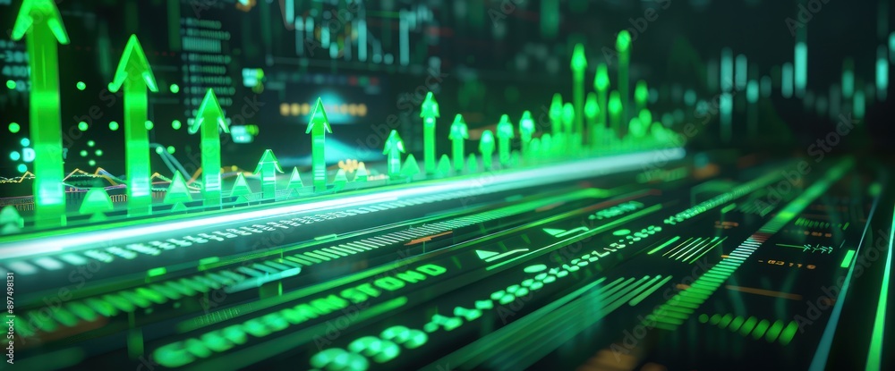 Emerald green glowing stock arrows on a futuristic dashboard. Emerald green glowing stock arrows on a futuristic dashboard.