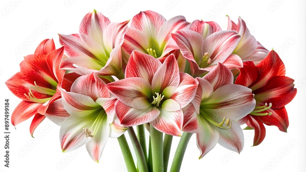 Obraz premium Bouquet of Red and White Amaryllis Flowers with Green Stems