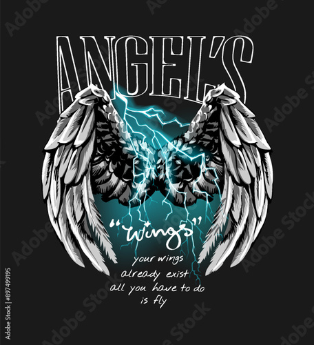 angel's wing slogan with wings and thunder vector illustration on black background