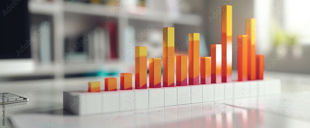 Financial bar graph on a clean white surface, illustrating an abrupt rise in stock values, reflecting strong market performance. Financial bar graph on a clean white surface, illustrating an abrupt rise in stock values, reflecting strong market performance.