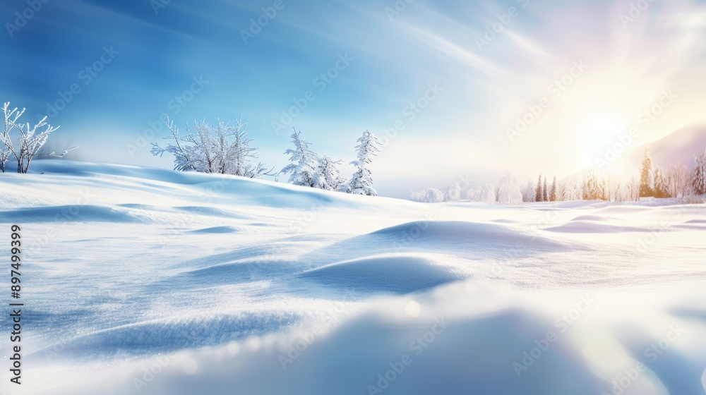 A snowy field with a bright sun in the sky A snowy field with a bright sun in the sky