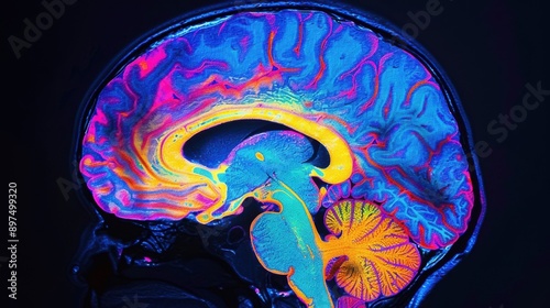 A PET scan image of the human brain, showing areas of high and low metabolic activity with vibrant color contrasts, set against a dark background to enhance the visibility of the functional regions,