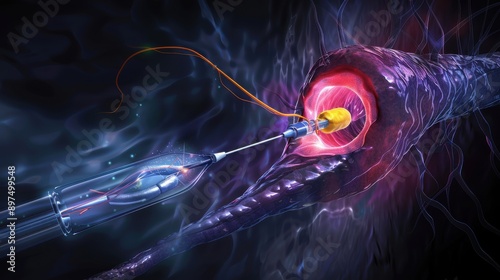 An interventional radiology image showing a balloon angioplasty procedure, with clear details of the balloon catheter and the dilated blood vessel, set against a dark background to enhance the
