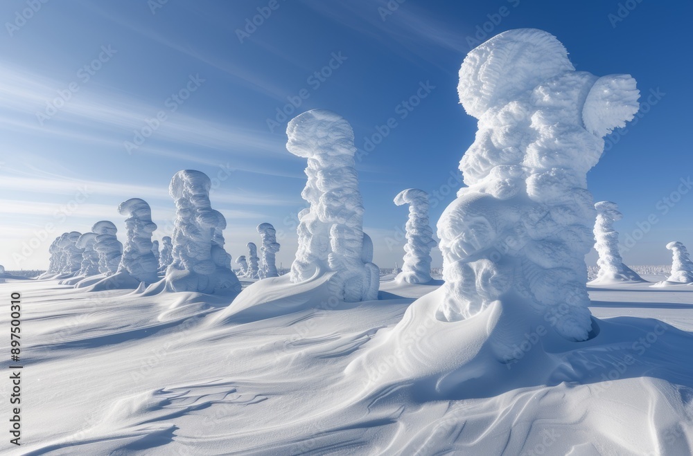 A snowy landscape with many snowmen and snow sculptures A snowy landscape with many snowmen and snow sculptures