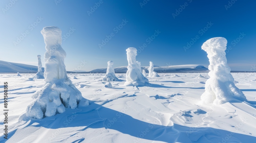 A snowy landscape with four snowmen standing in the snow A snowy landscape with four snowmen standing in the snow