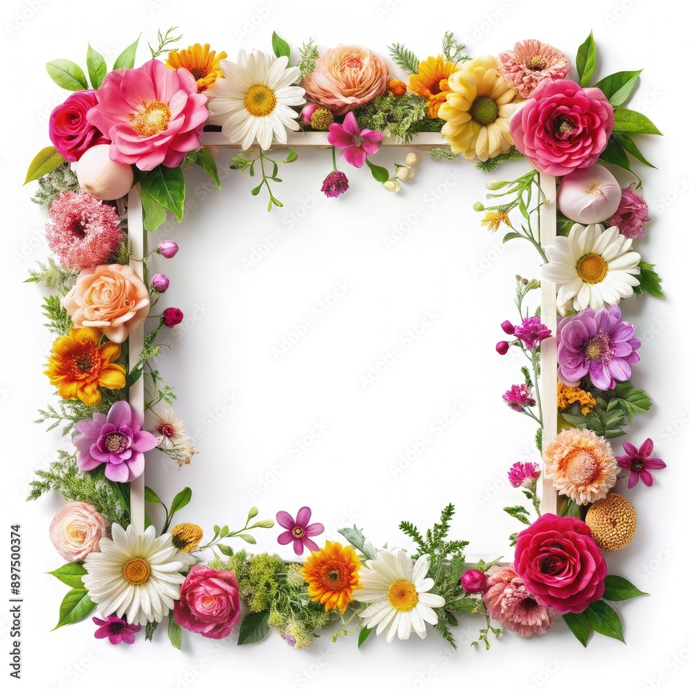 Colorful Flower Frame on White Background. Generative AI Colorful Flower Frame on White Background. Generative AI