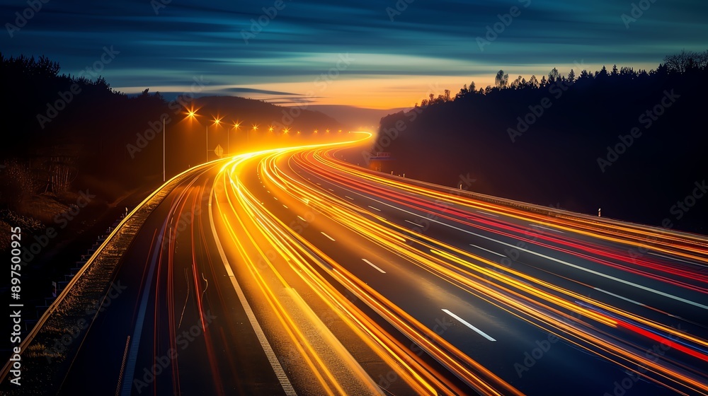 A stunning highway at dusk, illuminated by vibrant light trails from moving vehicles, showcasing a dynamic atmosphere. A stunning highway at dusk, illuminated by vibrant light trails from moving vehicles, showcasing a dynamic atmosphere.