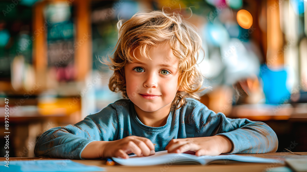 Jeune garçon assis à un table à l'école Jeune garçon assis à un table à l'école
