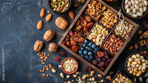 wooden tray displaying nutritious snacks like nuts, dried fruits, and granola barsa concept image for promoting healthier eating habits photo