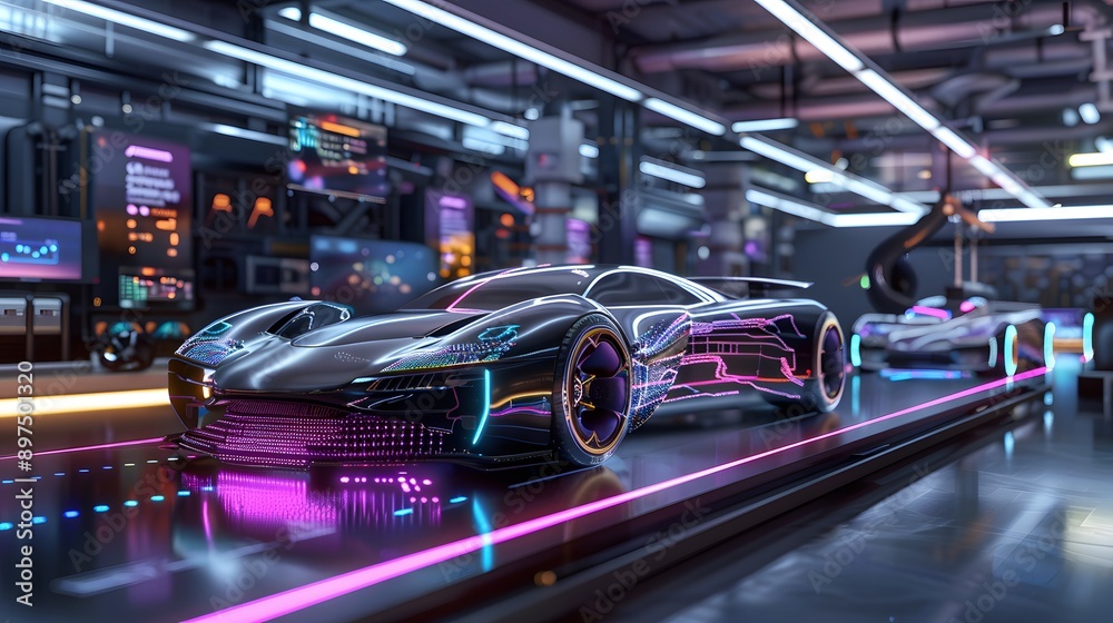 Futuristic Sports Car on a Neon Lit Platform