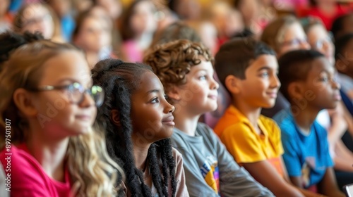 Engaged children attentively watching a performance, showcasing diverse expressions and excitement in a vibrant environment.