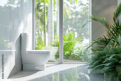 Modern bathroom interior with a white toilet, large window, and lush green plants