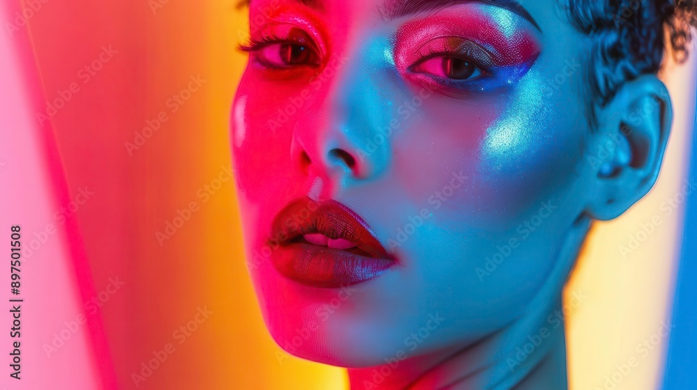 A captivating portrait of a confident person with striking features illuminated by colorful lighting. A captivating portrait of a confident person with striking features illuminated by colorful lighting.