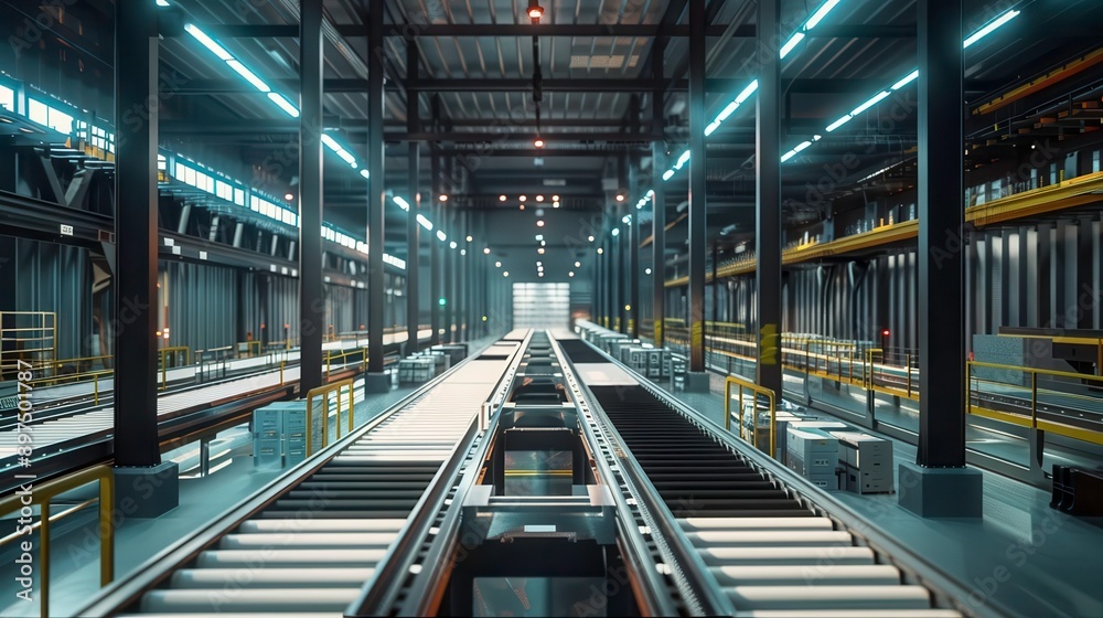 A modern industrial warehouse interior with conveyor belts and bright lighting, showcasing a spacious and efficient workspace. A modern industrial warehouse interior with conveyor belts and bright lighting, showcasing a spacious and efficient workspace.