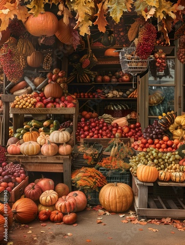 A variety of pumpkins, squash, apples, and other fall vegetables and fruits are displayed at a farmers market. Generative AI