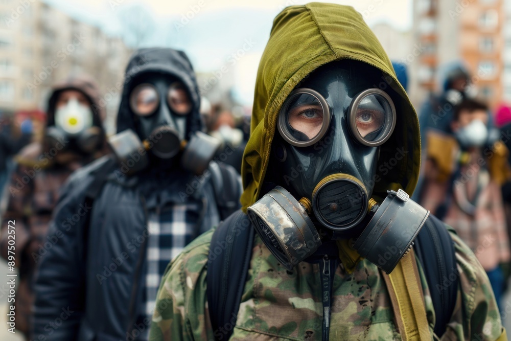 people with gas masks and protective gear people with gas masks and protective gear