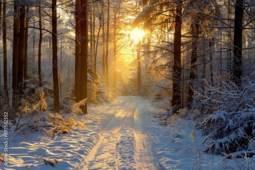 path in winter forest with sun rays
