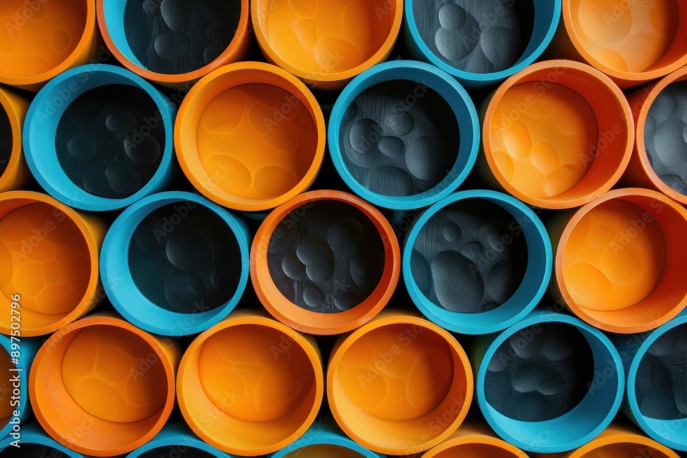 Plastic wall with pattern of large and small raised circles in bright orange and blue against smooth Plastic wall with pattern of large and small raised circles in bright orange and blue against smooth