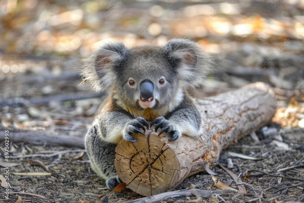 Fototapeta premium Portrait of young koala bear in his natural setting in the forest. Animal rests its paws on log of wood on ground