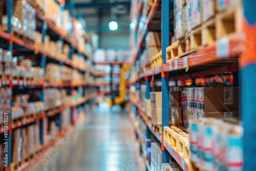 Wallpaper Mural Retail warehouse full of shelves with goods in cartons, with pallets and forklifts. Logistics blurred background Torontodigital.ca