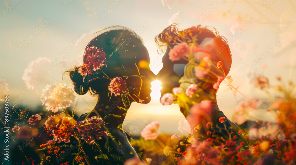 A man and a woman in love against a background of flowers at sunset. A dissolving couple on a field at sunset enjoying each other. Concept of love, family.