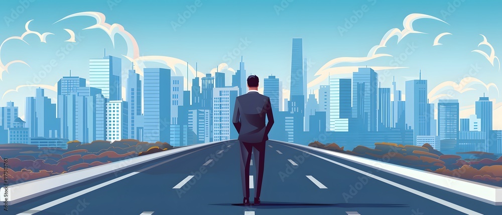 A businessman walks down a long road towards a city skyline. A businessman walks down a long road towards a city skyline.