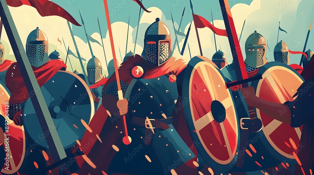 Fototapeta premium A colorful illustration of a medieval army charging into battle, with soldiers holding swords and shields.