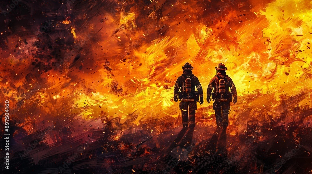 Fototapeta premium two fire fighters walking in front of a huge fire