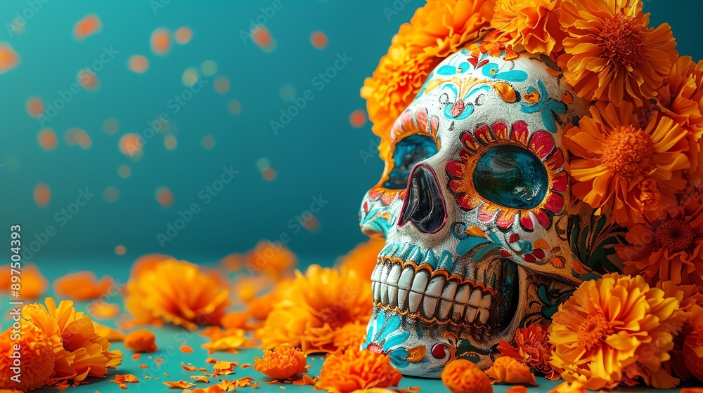Colorful sugar skull with marigold flowers, Halloween, HD Colorful sugar skull with marigold flowers, Halloween, HD