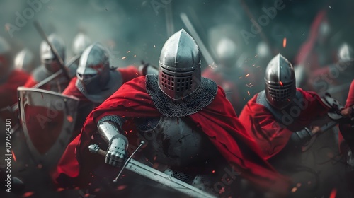 A group of medieval knights in red cloaks and armor charge into battle, swords raised.  The scene is filled with smoke and dust.