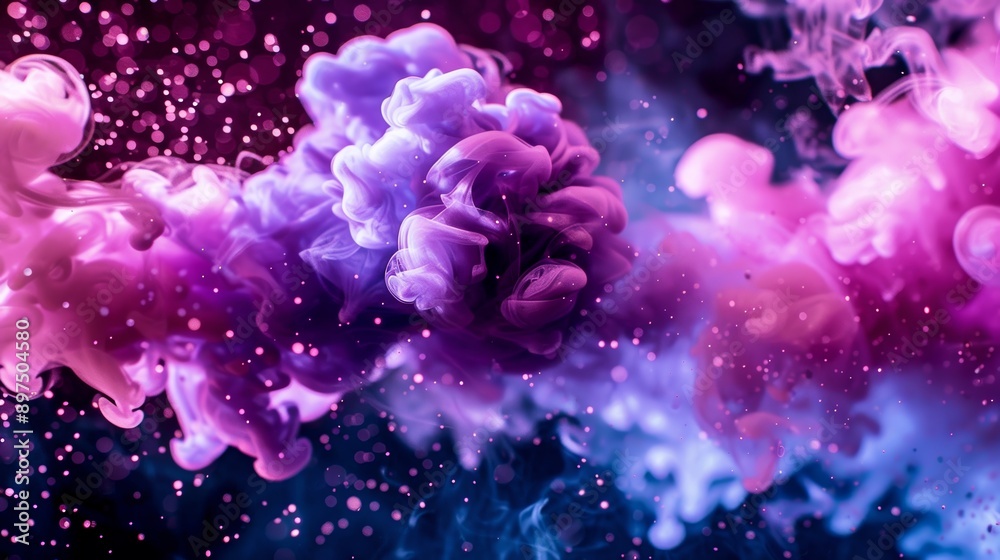 Colorful purple and pink ink is mixing in water on a black background, creating abstract shapes and swirls Colorful purple and pink ink is mixing in water on a black background, creating abstract shapes and swirls