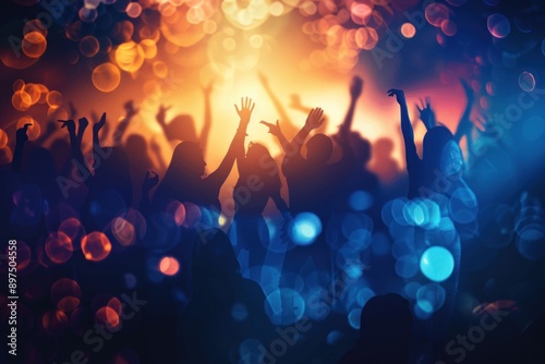 Silhouette of a party crowd on disco lights. Dancing in the club, template of party banner poster