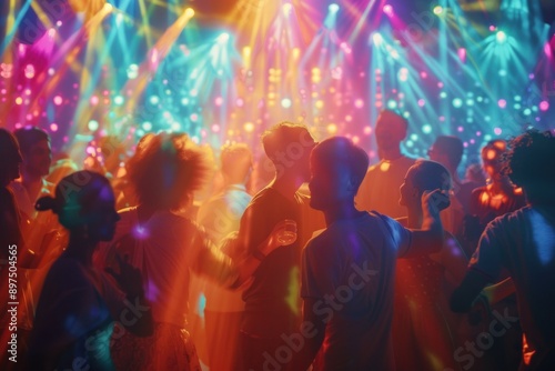 Silhouette of a party crowd on disco lights. Dancing in the club, template of party banner poster