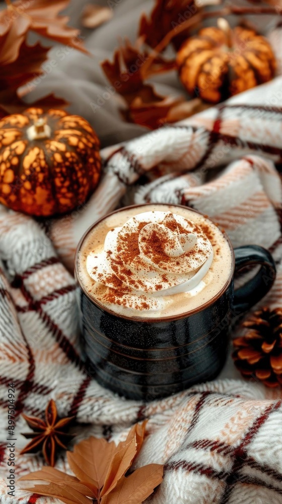 Cozy autumn scene with pumpkin spice latte, blanket, and fall decor. Cozy autumn scene with pumpkin spice latte, blanket, and fall decor.