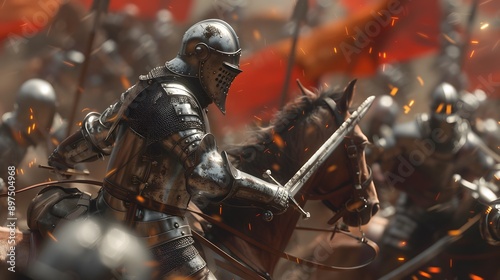 A knight on horseback charges into battle, sword raised, amidst a blur of red flags and other warriors.