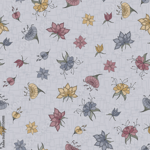 Mauve, Ochre, and Blue Flowers on a Textured Gray Background creating a seamless pattern print background