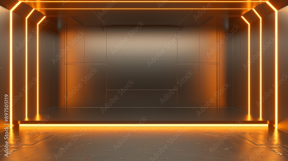 Experience the future in this stylish, neon lit space. The shining metallic platform adds a modern touch to this futuristic interior Experience the future in this stylish, neon lit space. The shining metallic platform adds a modern touch to this futuristic interior