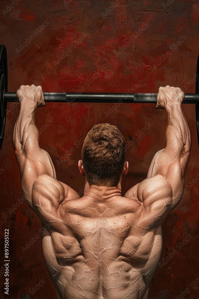 Muscular man lifting barbell, showcasing defined back muscles. Fitness, strength, and bodybuilding concept in action. Muscular man lifting barbell, showcasing defined back muscles. Fitness, strength, and bodybuilding concept in action.