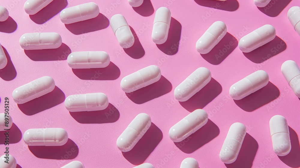 White capsules on a pink surface White capsules on a pink surface