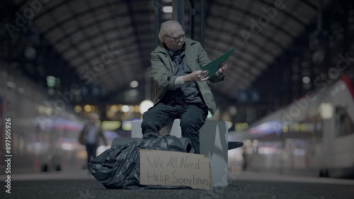 A man in a train station at night, lost and alone in the citys dark surroundings