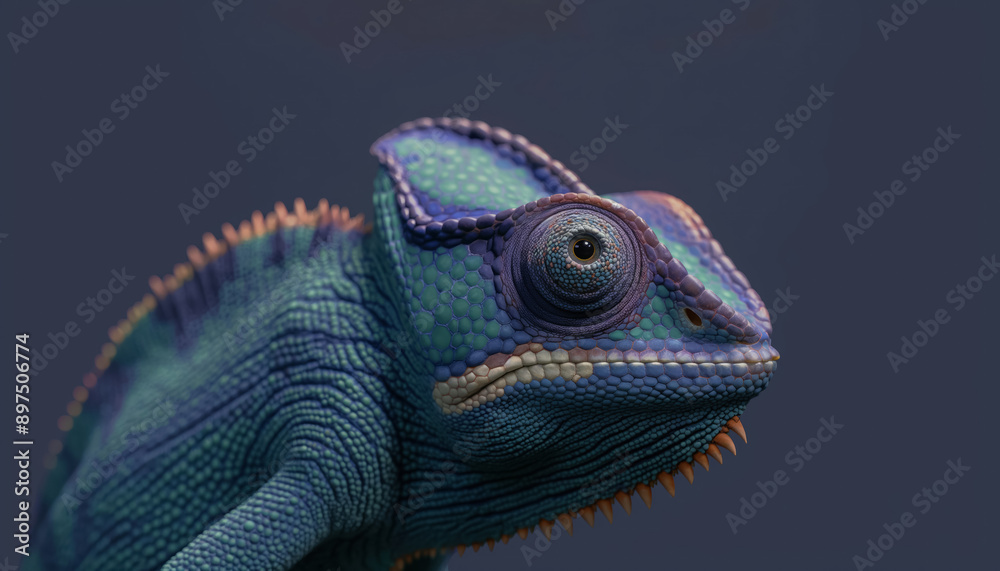 Obraz premium colorful chameleon in future dusk hues on dark background