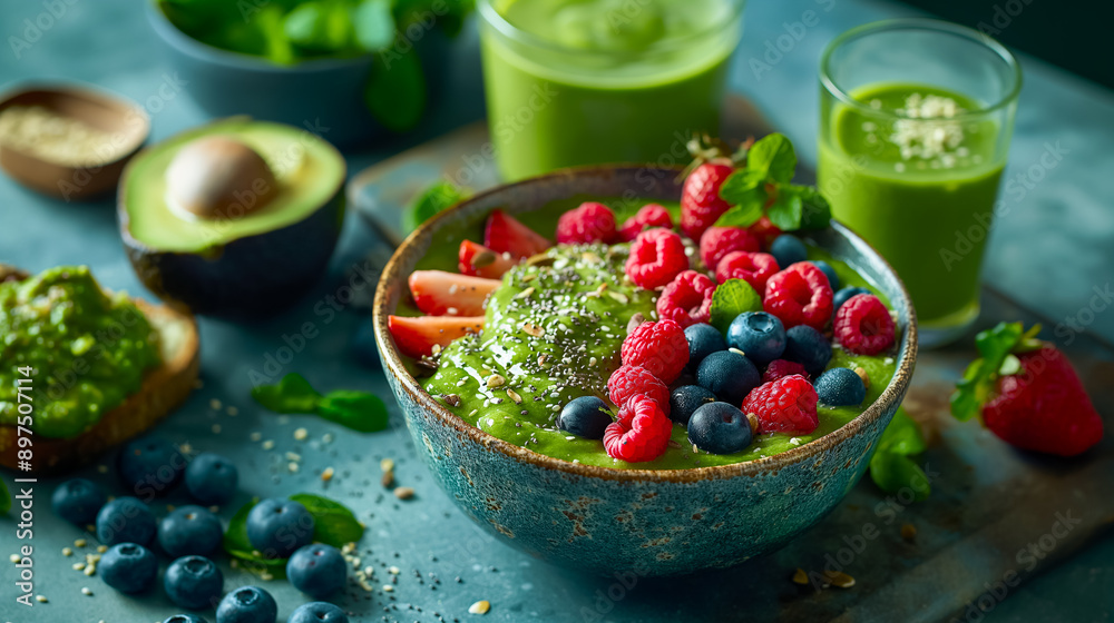 a beautifully styled flat lay of a healthy breakfast spread, featuring a smoothie bowl, fresh berries, avocado toast, and a glass of green juice, captured in natural morning light. a beautifully styled flat lay of a healthy breakfast spread, featuring a smoothie bowl, fresh berries, avocado toast, and a glass of green juice, captured in natural morning light.