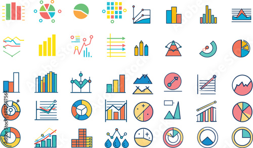 A set of charts and graphs related to vector icons for your design. Graphics and statistics icons set design. Collection of simple linear web icons, line charts, and candlesticks, combined, design