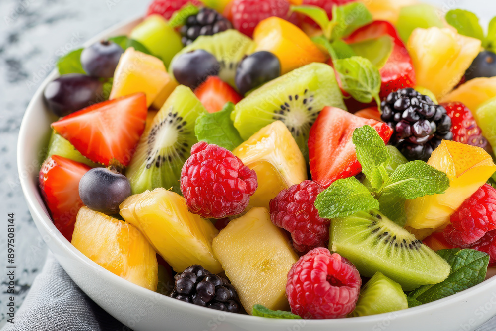 A vibrant bowl of fresh fruits, including strawberries, blueberries, kiwi, and raspberries, garnished with mint leaves. A vibrant bowl of fresh fruits, including strawberries, blueberries, kiwi, and raspberries, garnished with mint leaves.