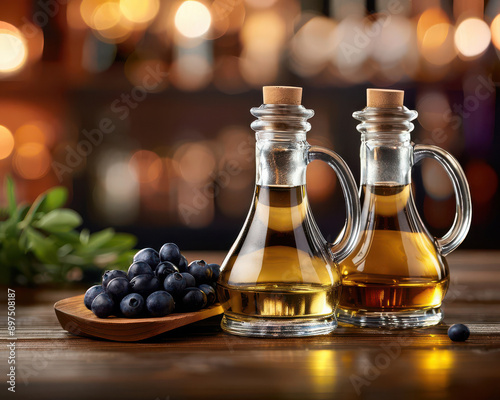 Olive oil in a cruet set with balsamic vinegar, perfect pairing selective focus, gourmet dining, dynamic, Silhouette, Italian restaurant backdrop.