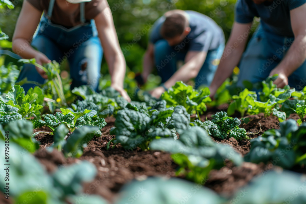 Close-up of farmers working in a vegetable garden, focusing on fresh green plants. Concept of organic farming and sustainable agriculture. Close-up of farmers working in a vegetable garden, focusing on fresh green plants. Concept of organic farming and sustainable agriculture.