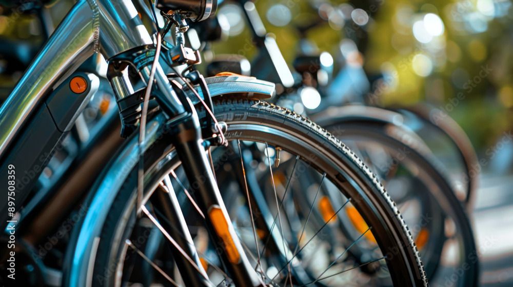 Close-up of parked bicycles with blurred background, capturing handlebars and tires in focus, highlighting an urban outdoor lifestyle. Close-up of parked bicycles with blurred background, capturing handlebars and tires in focus, highlighting an urban outdoor lifestyle.